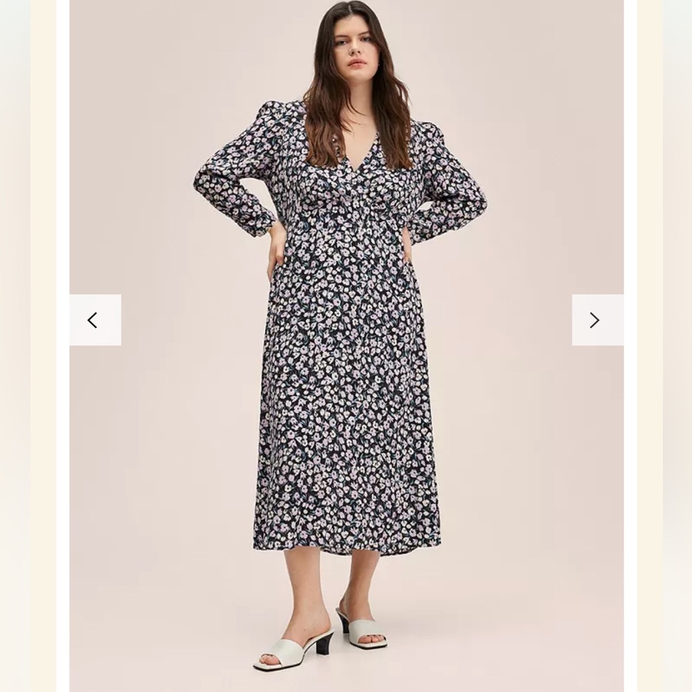 💸Mango Plunge Neck Printed Dress in Black, White and Purple Print Size 16